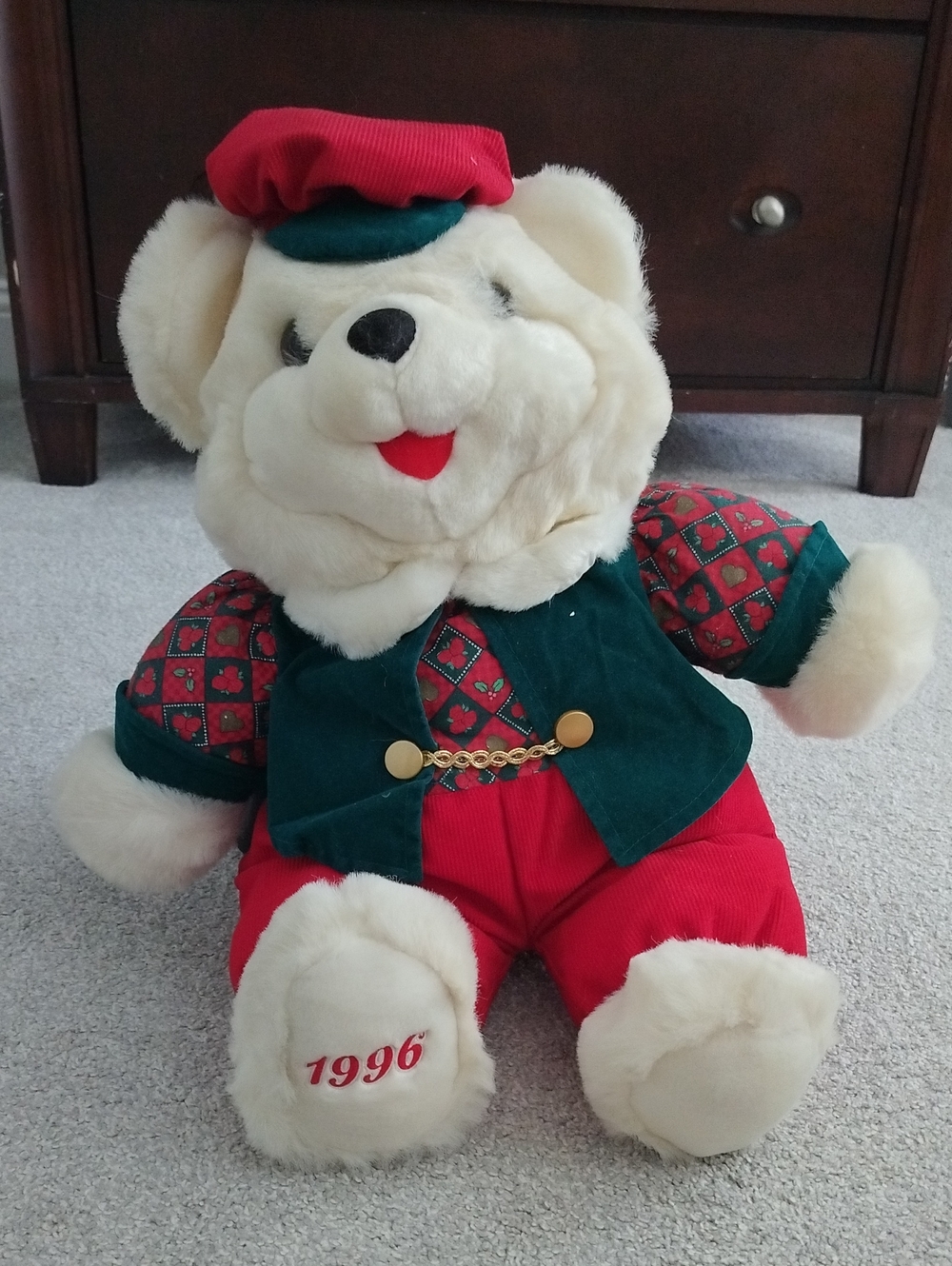 Plush Holiday White Bear, Red & Green Clothes - 1996 Commemorative